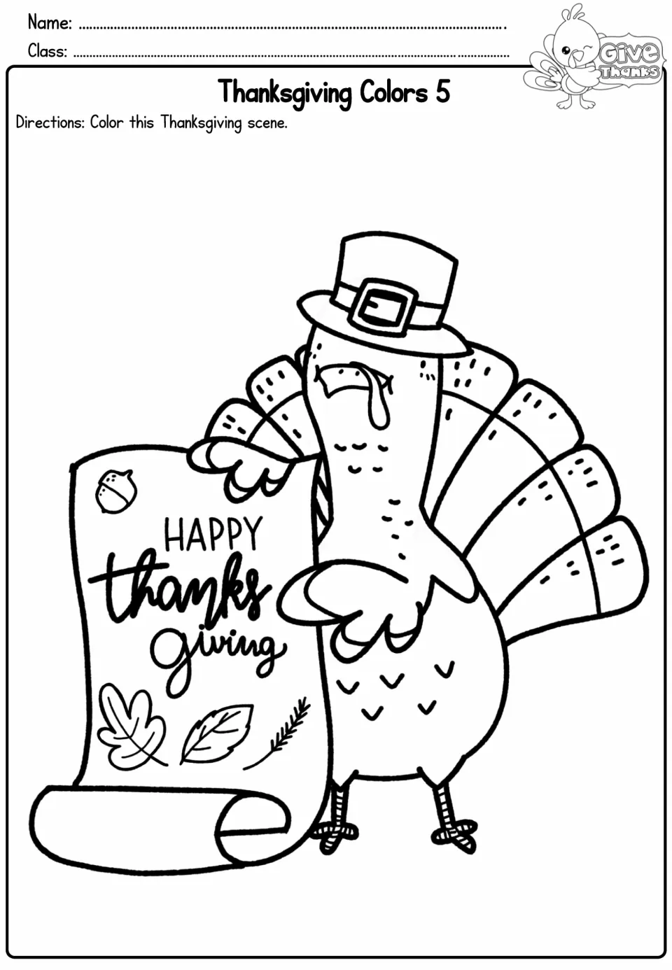 Thanksgiving Colors 5: students color a turkey in a Pilgrim hat holding a Happy Thanksgiving scroll with fall leaves