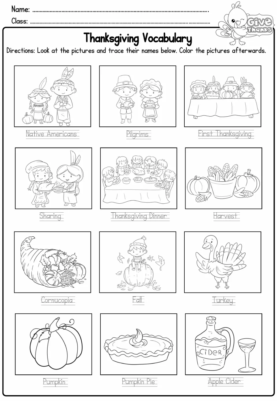 Thanksgiving vocabulary: students trace 12 picture labels such as Pilgrims, Harvest, Cornucopia and Apple Cider, then color