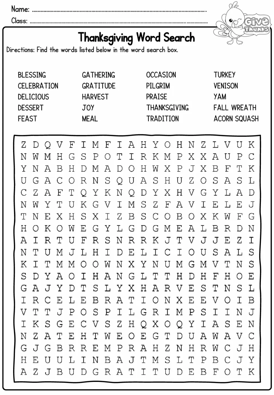 Thanksgiving word search: students find 20 words like gratitude, harvest, venison and acorn squash in a letter grid