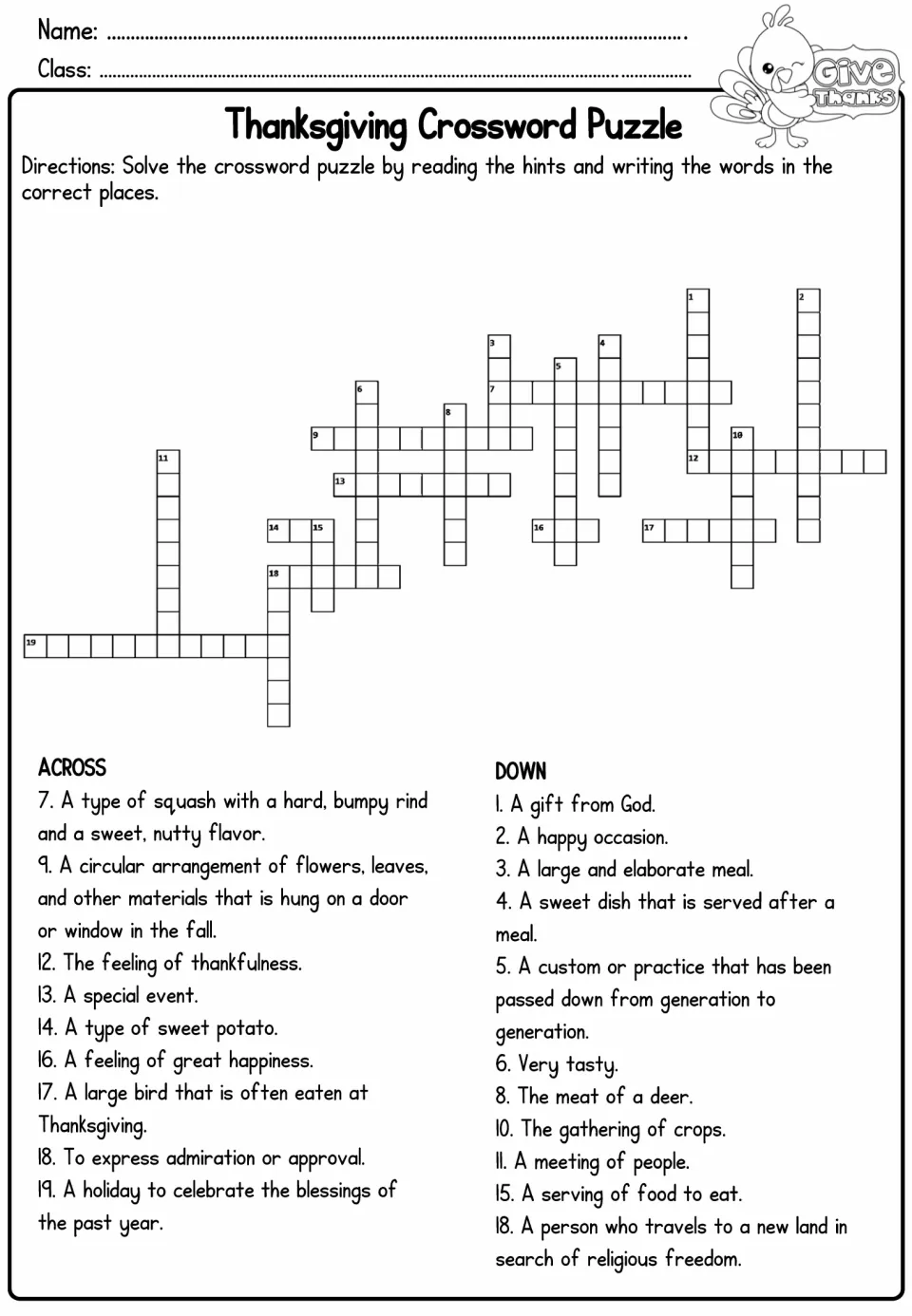 Thanksgiving crossword: students read across and down clues, like 'the meat of a deer', and write holiday words