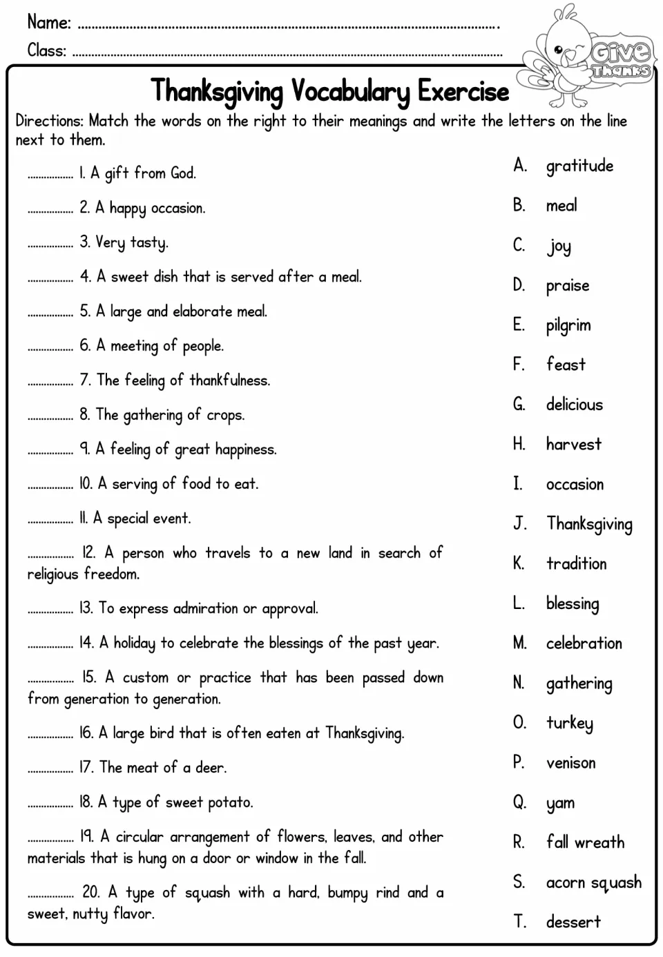 Thanksgiving vocabulary matching: students match 20 definitions to words like feast, tradition and yam, writing letters