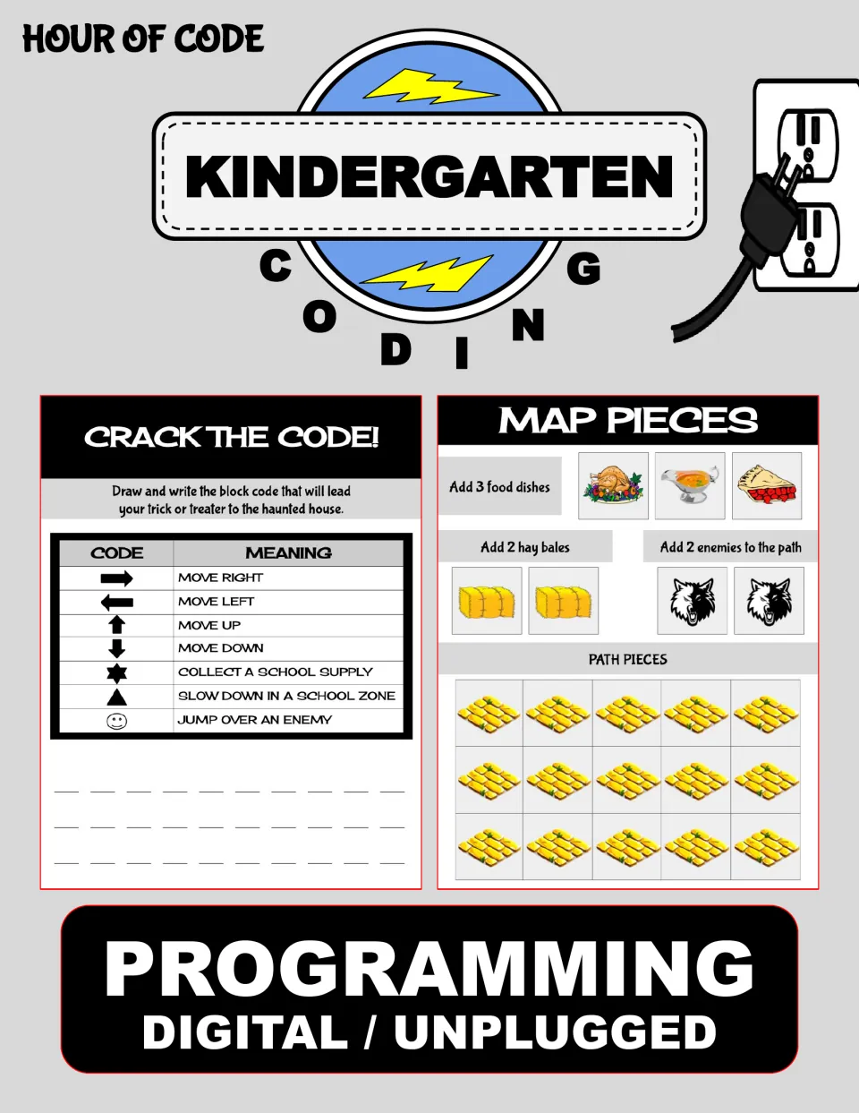 Kindergarten coding cover labeled 'Hour of Code' and 'Programming Digital / Unplugged' with activity samples