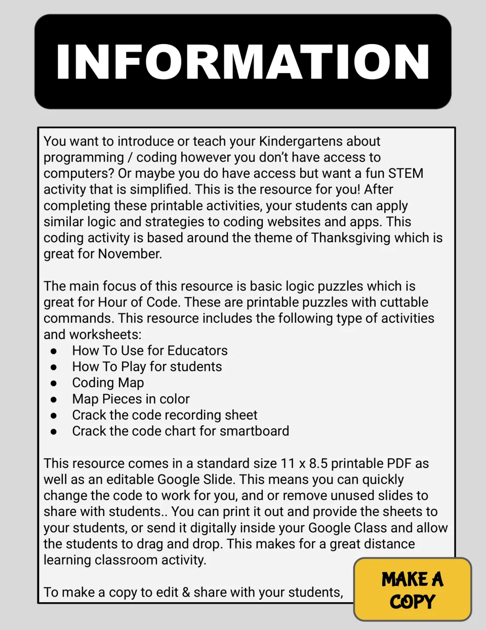 Resource overview lists Thanksgiving coding activities and explains printable PDF and editable Google Slides use