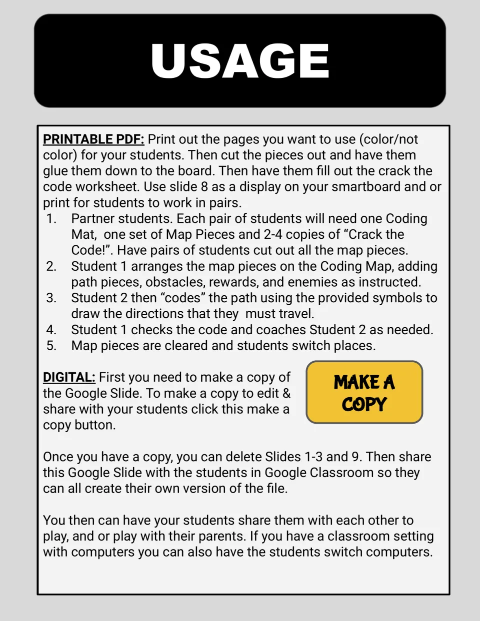 Teacher directions explain partner coding, checking a classmate's code, switching roles, and digital sharing