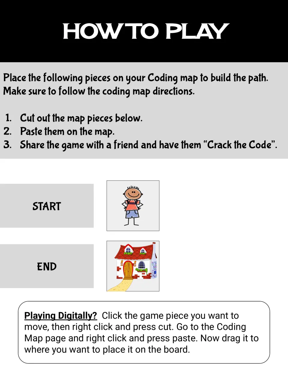 Student play directions include a child start piece, a house end piece, and steps for moving pieces digitally