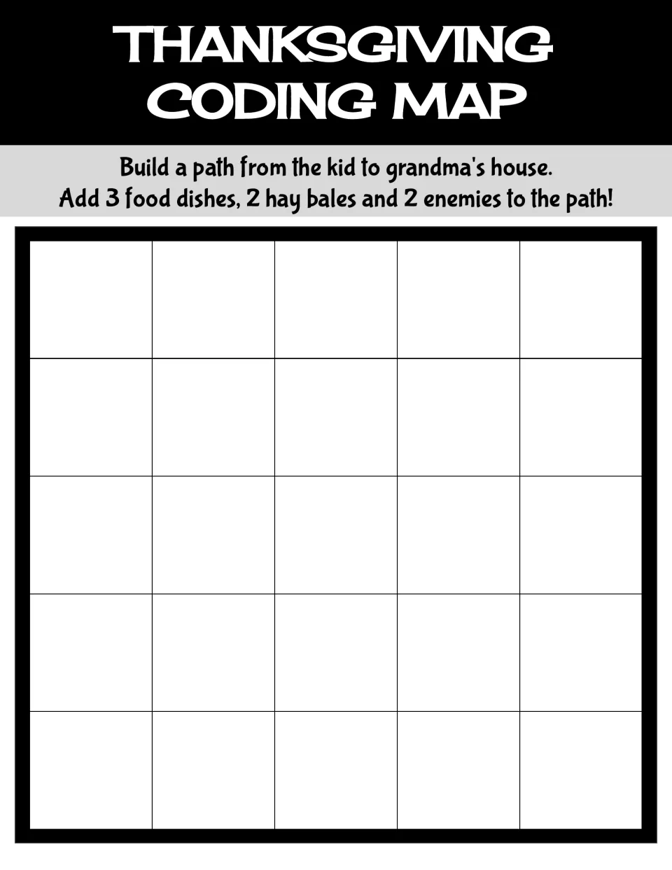 Thanksgiving coding map asks students to build a path to grandma's house with food, hay bales, and enemies