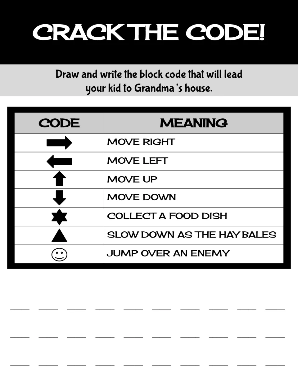 Crack the Code recording sheet uses arrows and symbols to move, collect food, slow at hay bales, and jump