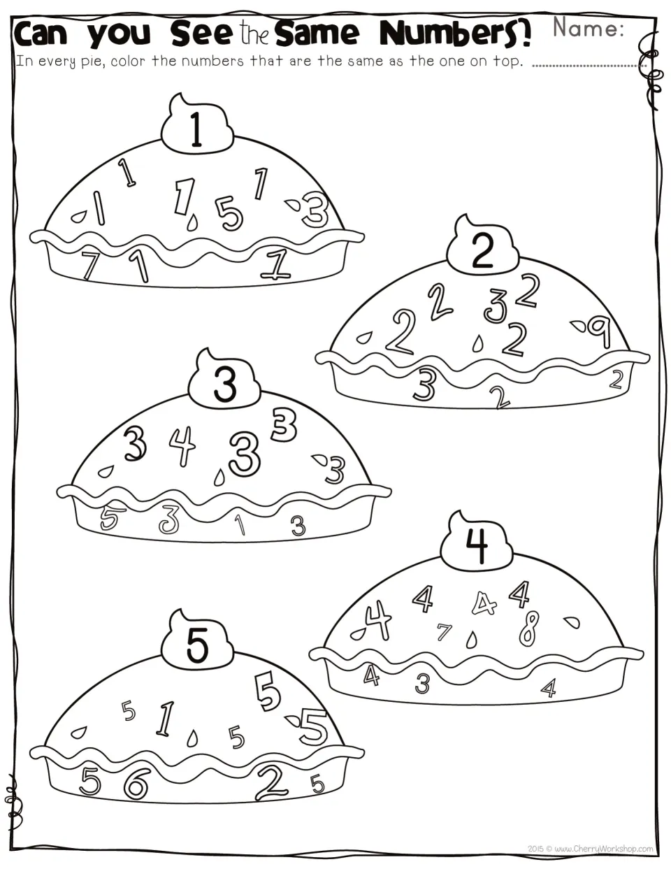 Number recognition practice for 1–5: color the numerals in each of five pies that match the number on top.
