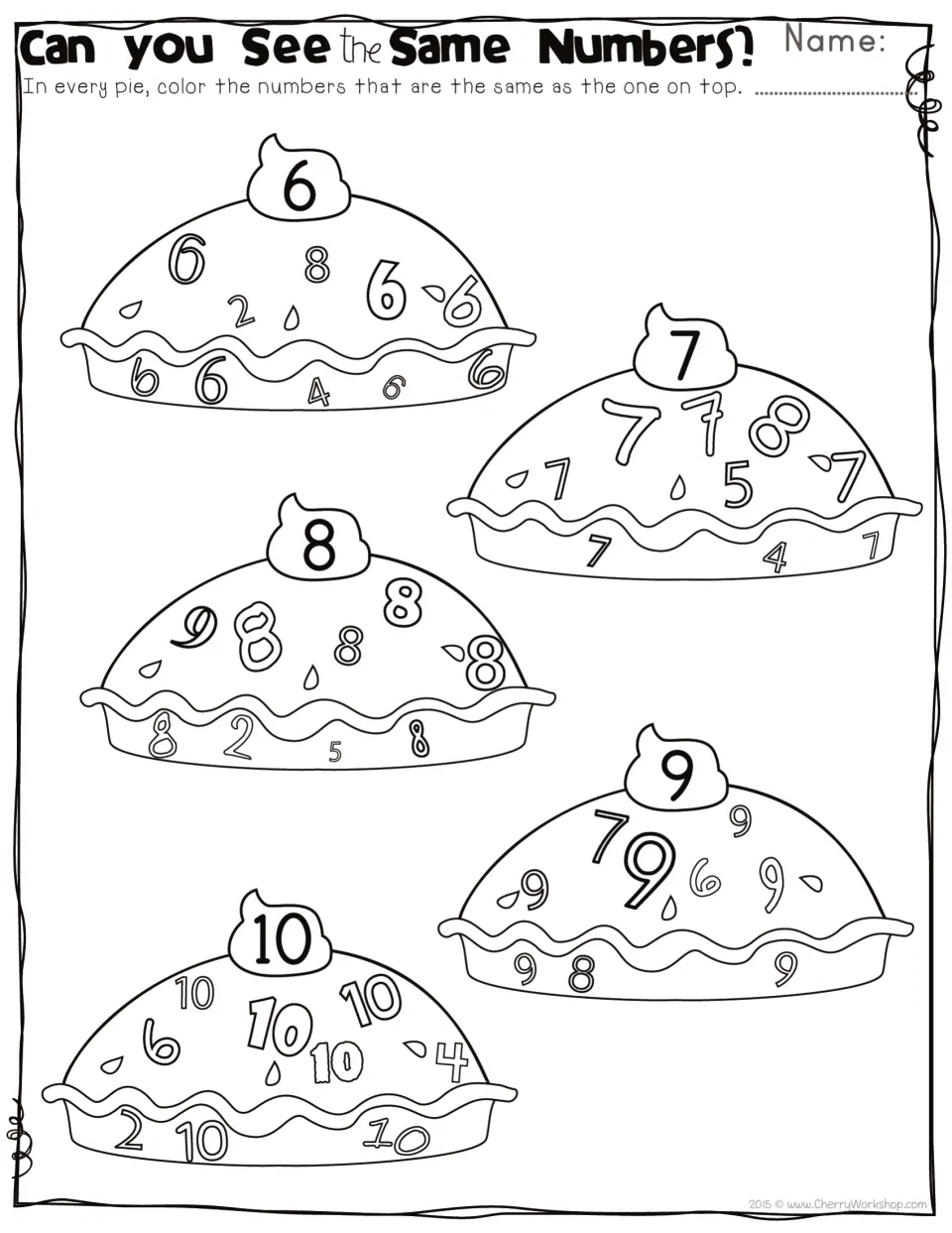 Number recognition practice for 6–10: color the numerals in each of five pies that match the number on top.