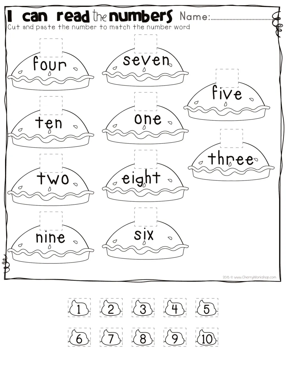 Number-word matching practice: cut out numerals 1–10 and paste each above the matching word on a pie.