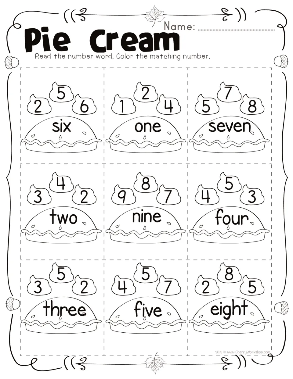 Pie Cream number-word practice: read nine words from one through nine and color each matching numeral.