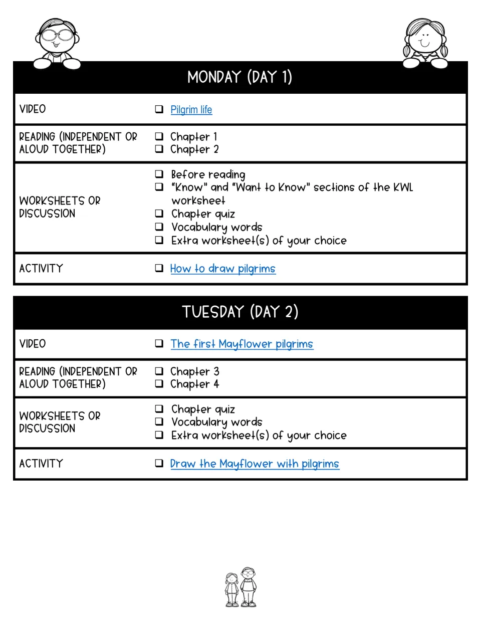 Days 1–2 lesson plans assign chapters 1–4, Pilgrim videos, quizzes, vocabulary, and drawing activities