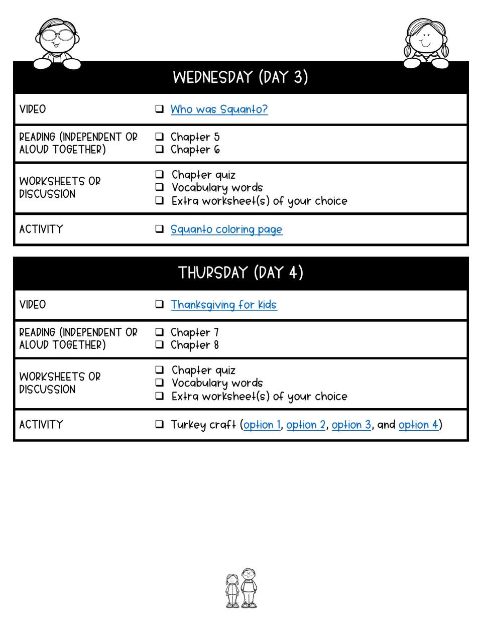 Days 3–4 lesson plans assign chapters 5–8, quizzes, vocabulary, Squanto coloring, and turkey crafts