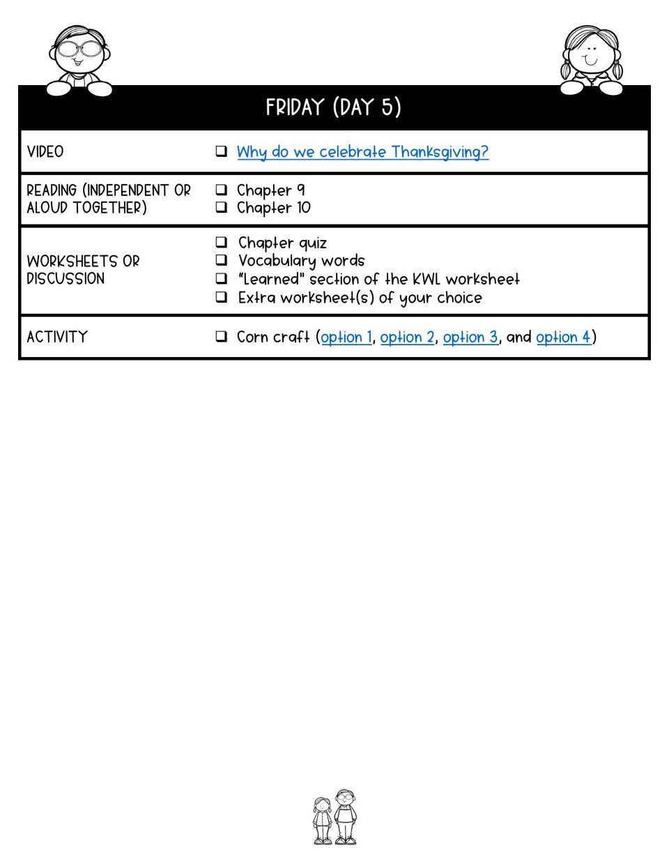 Day 5 lesson plan assigns chapters 9–10, a quiz, vocabulary, the KWL Learned section, and a corn craft