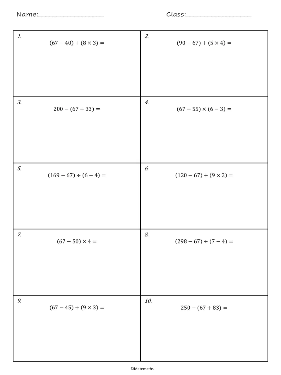 Order of operations problems 1 to 10: students evaluate expressions with parentheses that use 67, such as 200 − (67 + 33)