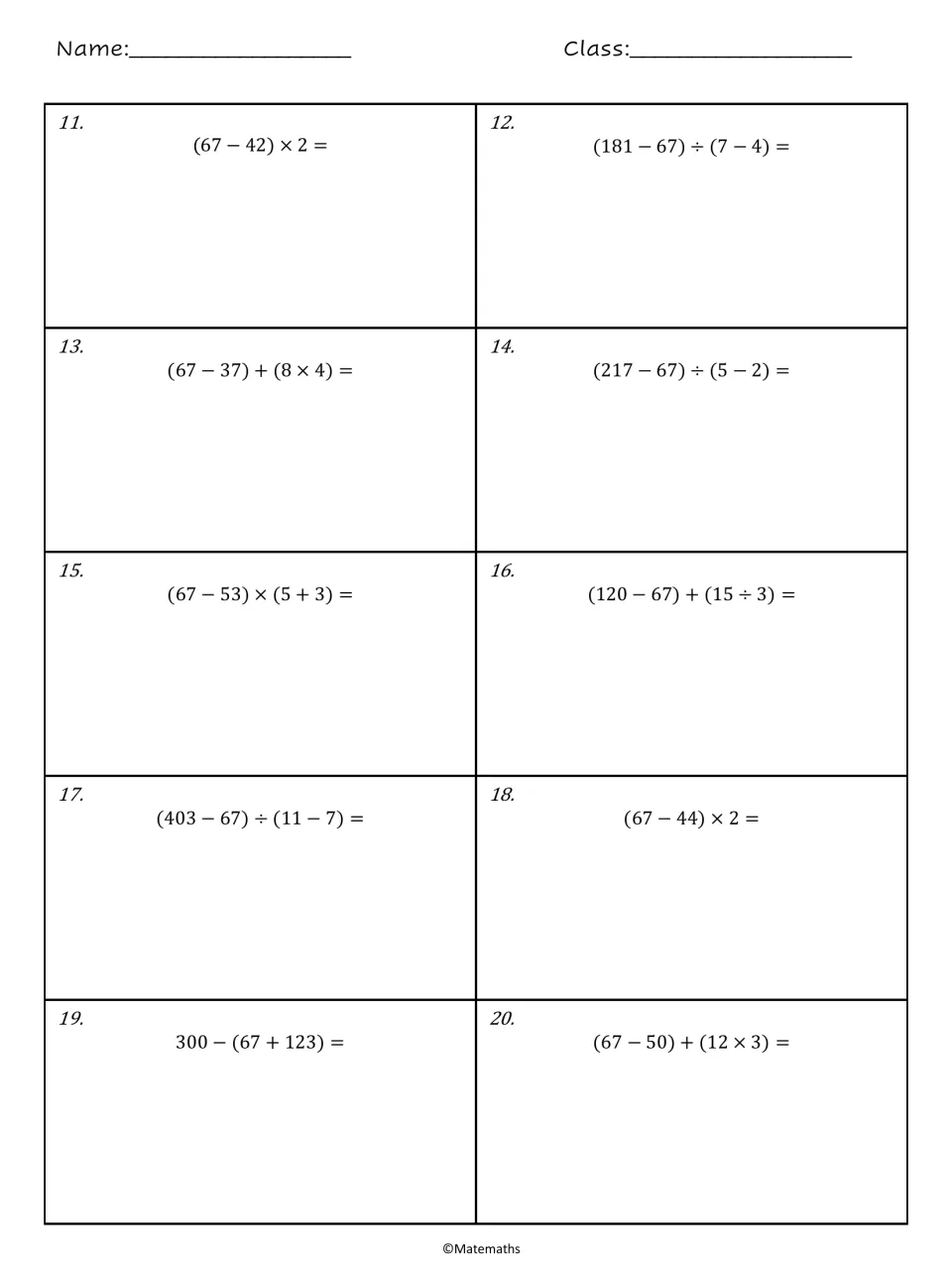 Order of operations problems 11 to 20: students simplify grouped expressions with 67, like (217 − 67) ÷ (5 − 2)