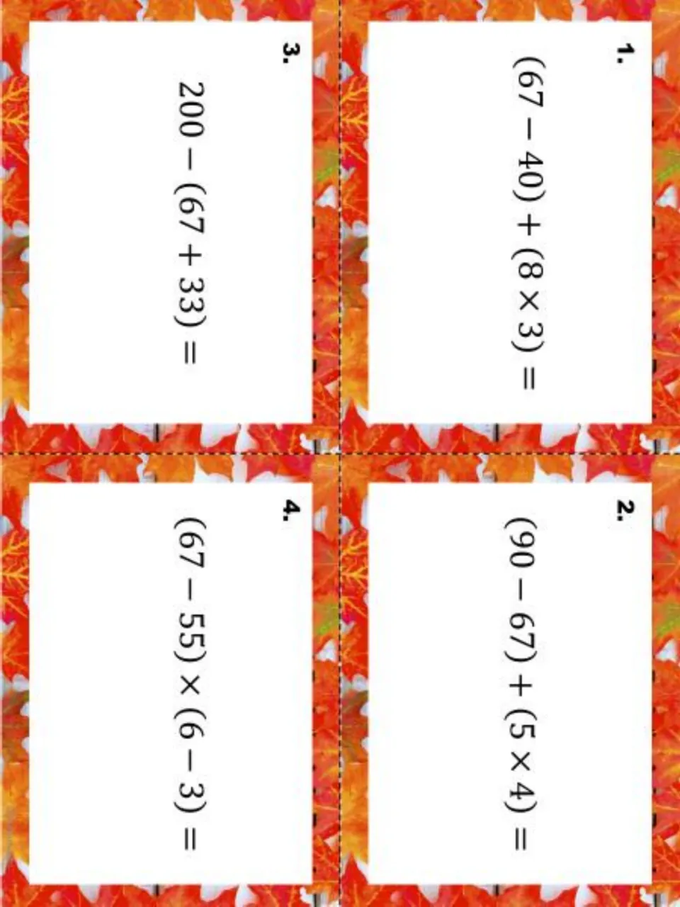 Thanksgiving task cards 1 to 4 on autumn leaves: evaluate expressions like (67 − 40) + (8 × 3) and (67 − 55) × (6 − 3)