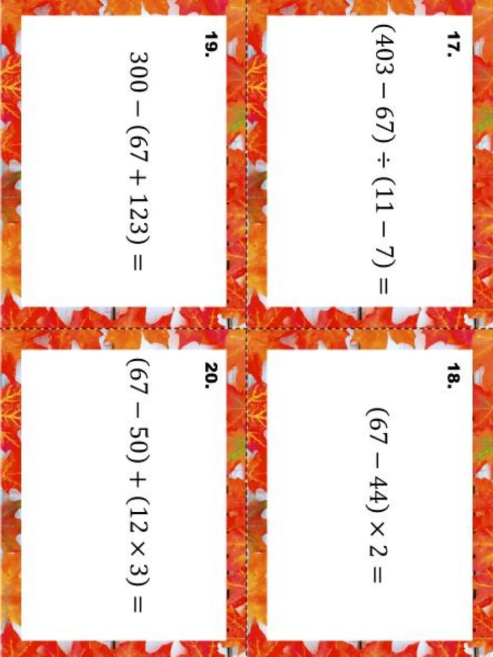 Final task cards 17 to 20 with expressions to evaluate, such as (403 − 67) ÷ (11 − 7), (67 − 44) × 2 and 300 − (67 + 123)