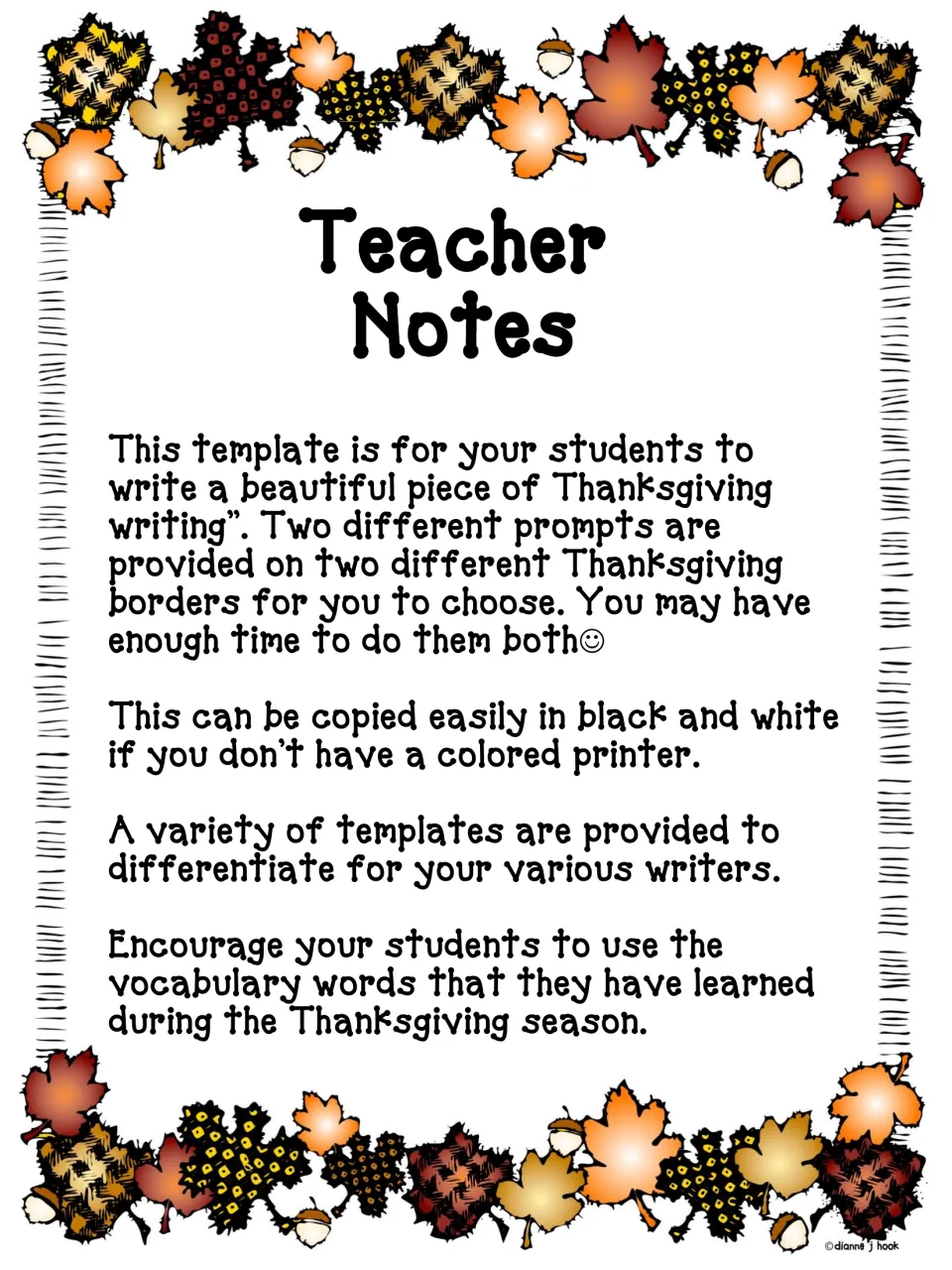 Teacher notes for Thanksgiving writing templates: two prompts, black-and-white copying and using holiday vocabulary
