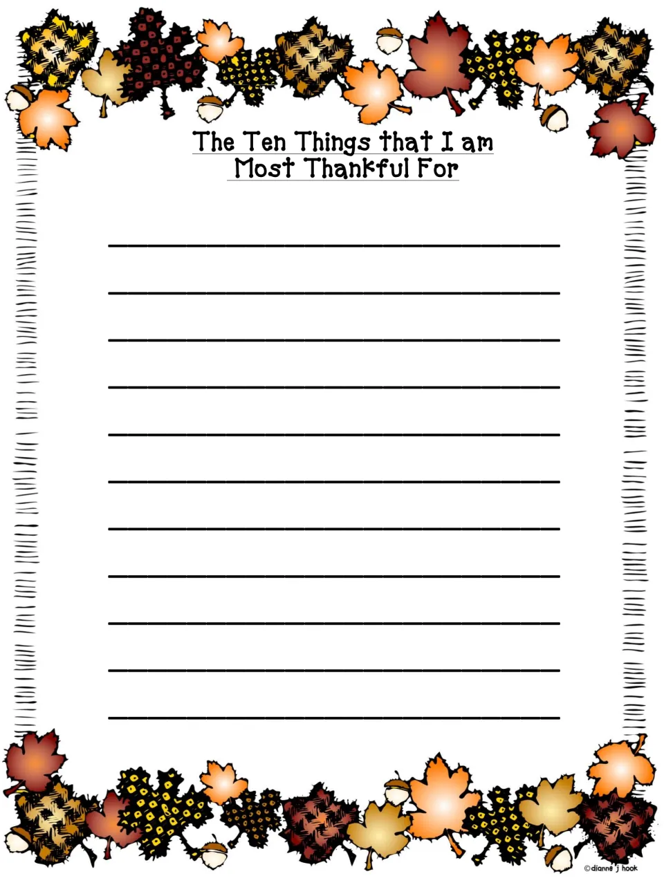 The Ten Things that I am Most Thankful For: students list ten things they are grateful for on a fall leaf writing page