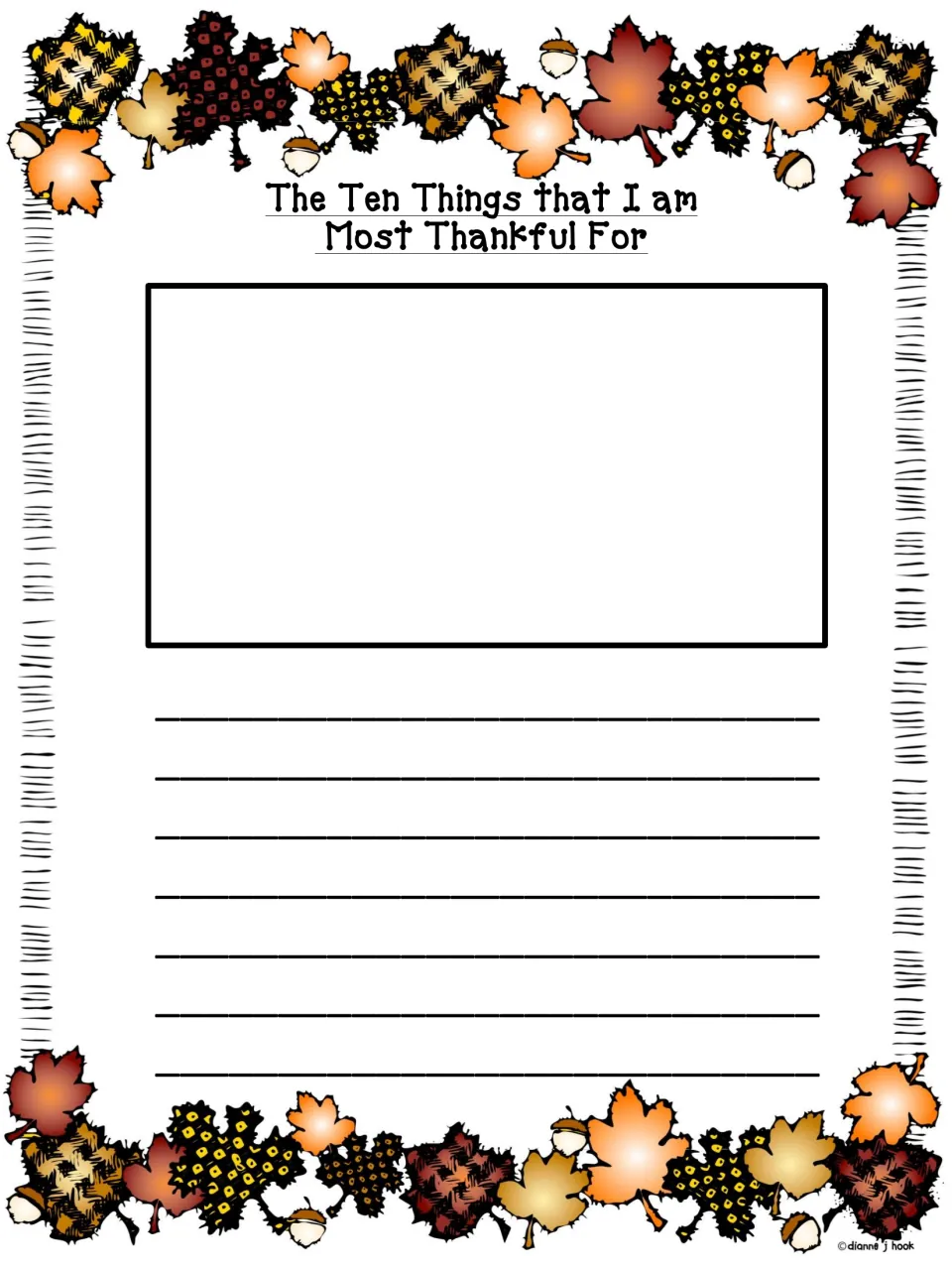 Ten things I am most thankful for: students draw a picture of what they are grateful for, then write about it below