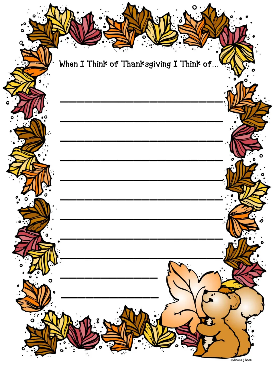 When I Think of Thanksgiving I Think of...: students finish the sentence prompt in writing, with a squirrel holding a leaf