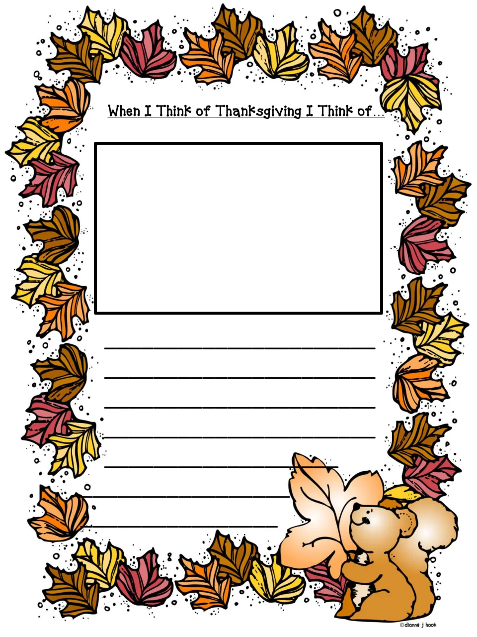 When I think of Thanksgiving I think of: students draw their holiday thoughts first and then write a few sentences below