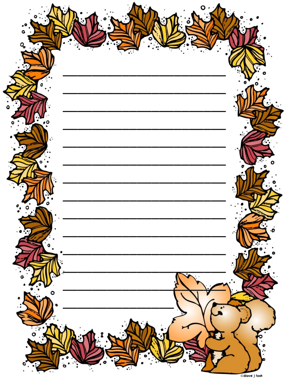 Untitled squirrel and autumn leaf writing page for continuing the When I Think of Thanksgiving response onto a new sheet