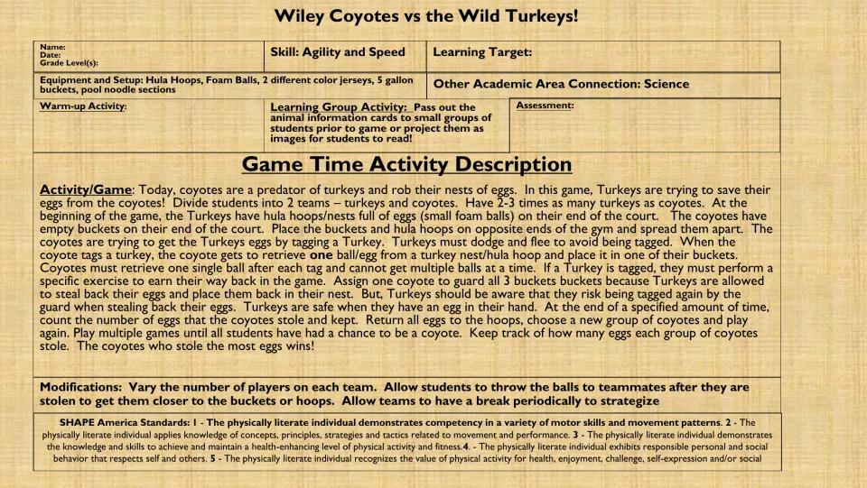 Wiley Coyotes vs the Wild Turkeys lesson plan: agility and speed tag game where coyotes steal foam-ball eggs from hoops