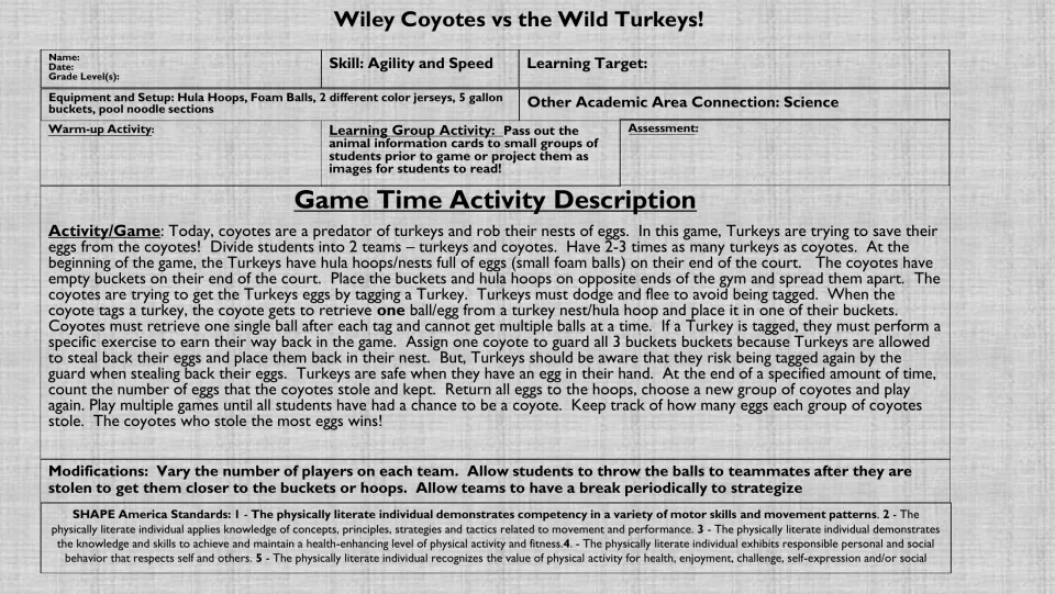 Grayscale coyote and turkey tag game plan: equipment list, tag-and-steal egg rules, a bucket guard and team modifications