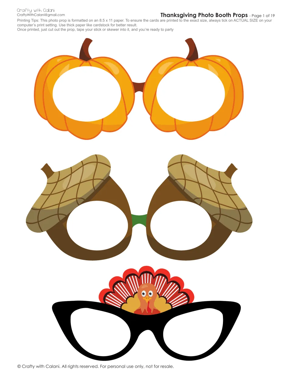 Printing tips and three glasses props to cut out: pumpkin, acorn and black cat-eye frames topped with a turkey