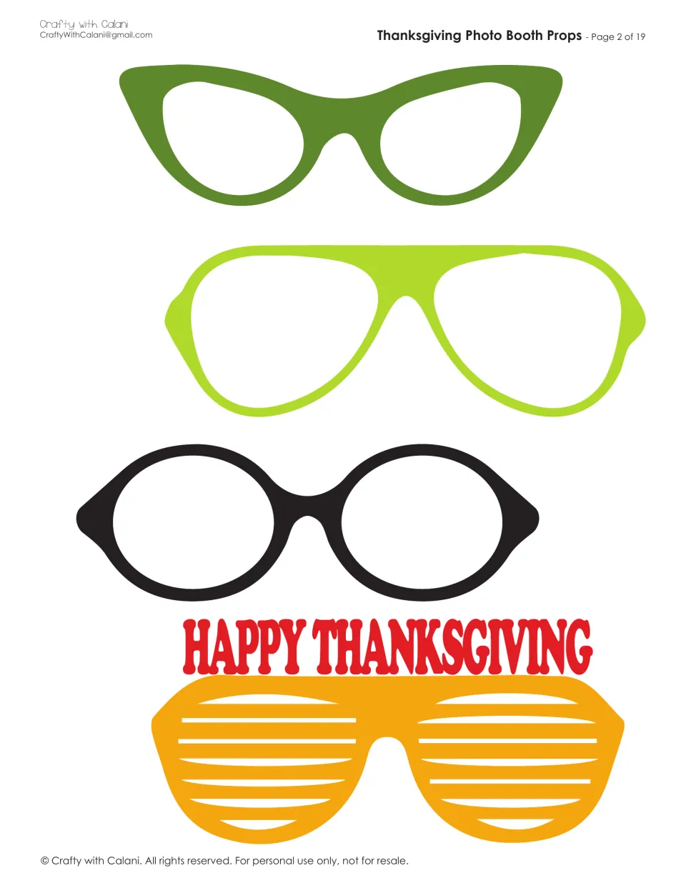 Four glasses props to cut out: cat-eye, aviator, round frames and orange shutter shades topped by HAPPY THANKSGIVING
