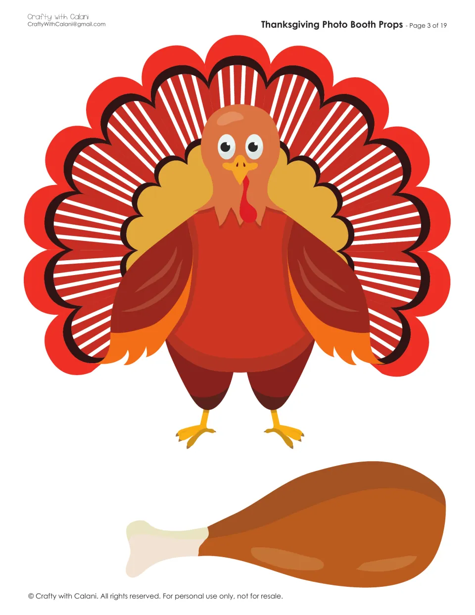 Holiday props to cut out: a full-size cartoon turkey with fanned red tail feathers and a roasted drumstick