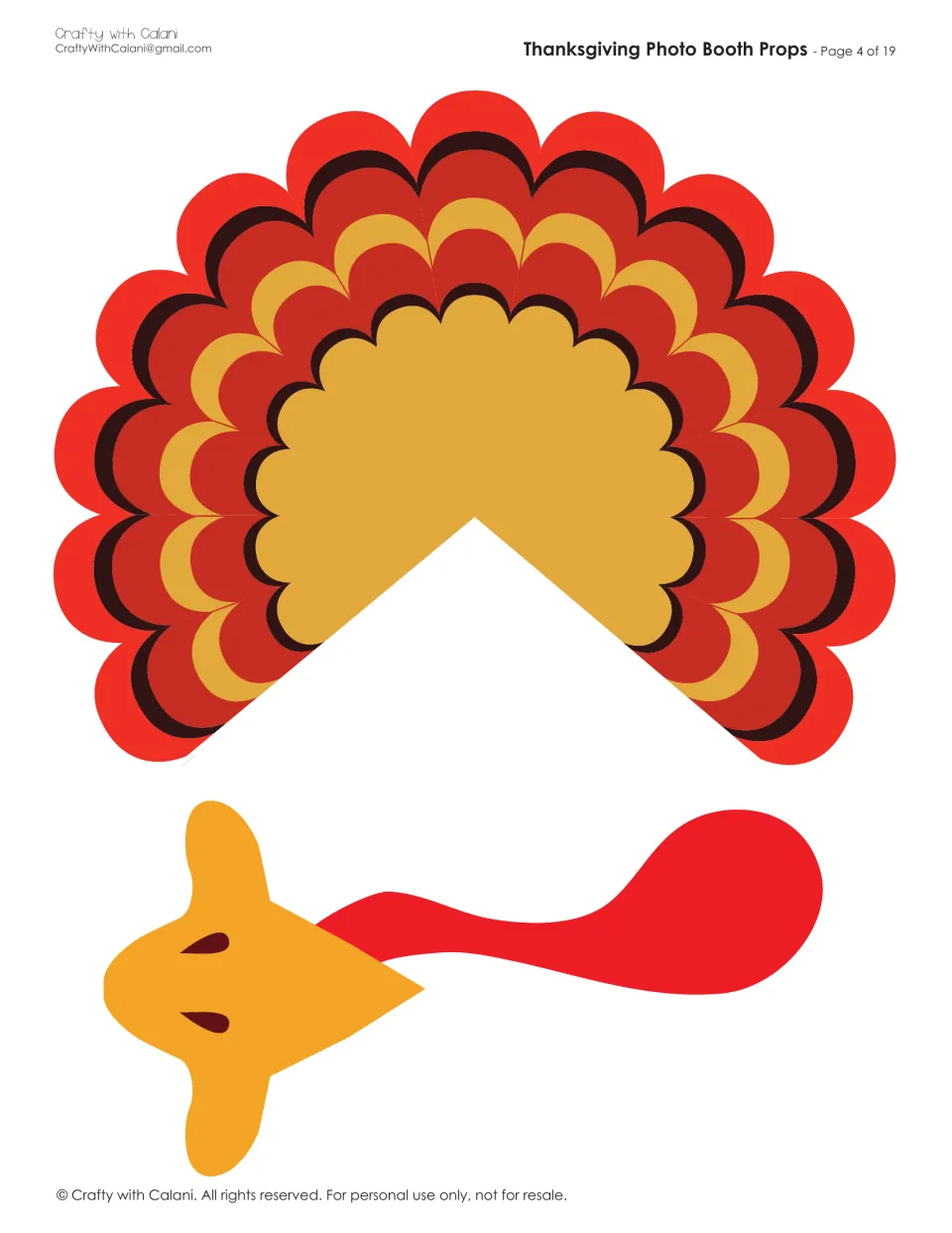 Turkey cut-out pieces: a layered red, brown and gold tail-feather fan plus a beak with a long red wattle