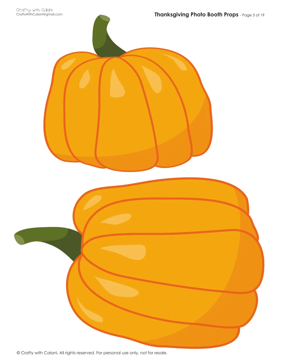 Two orange pumpkin props to cut out and mount on sticks, one upright with a green stem and one turned on its side