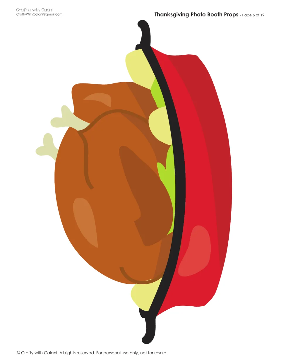 Roast turkey dinner prop to cut out: a browned whole turkey with lettuce garnish resting in a red roasting pan
