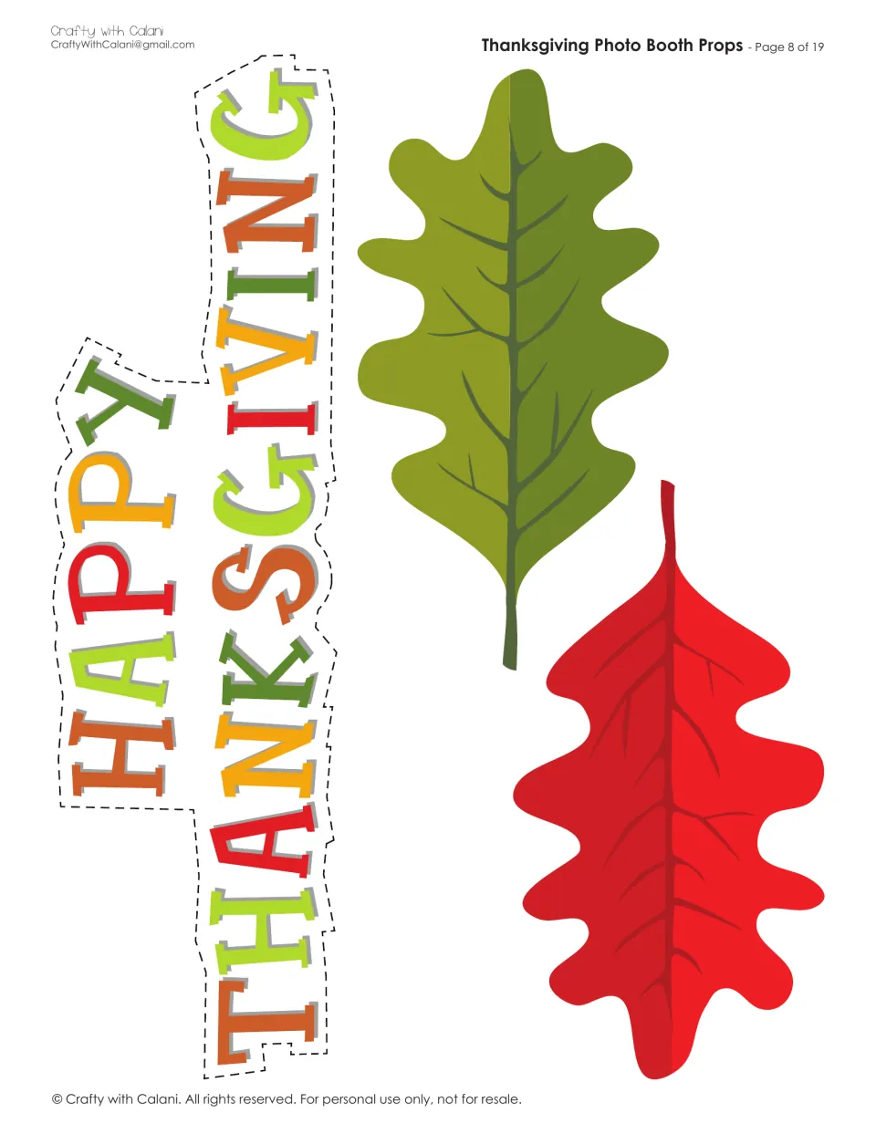 Sign and leaf props to cut out: multicolor HAPPY THANKSGIVING lettering beside a green and a red oak leaf