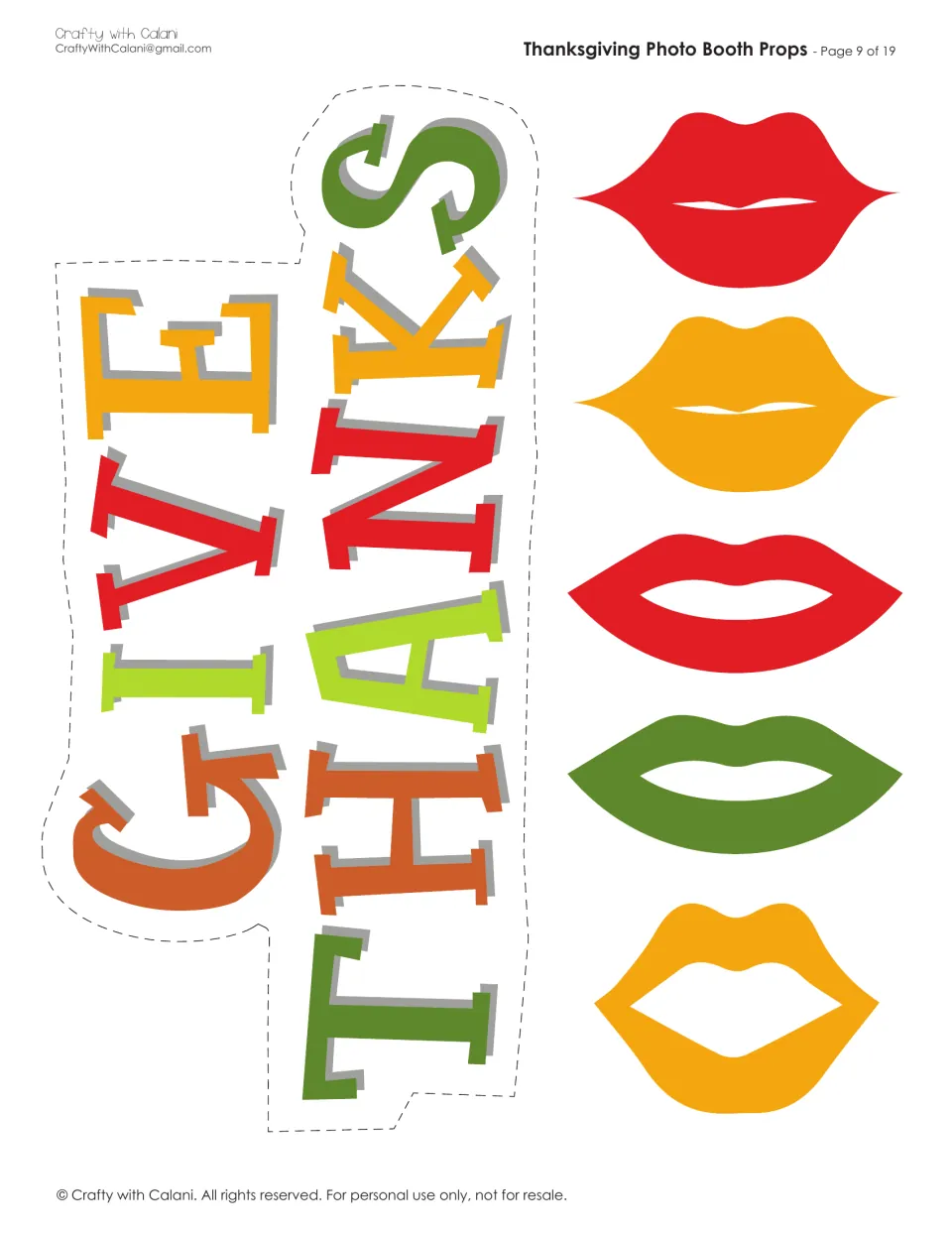 GIVE THANKS word sign to cut along the dashed line, plus five lips props in red, orange and green for smile poses