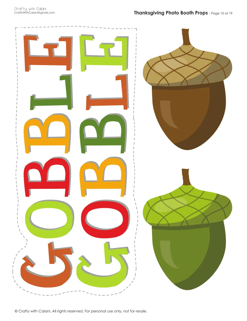GOBBLE GOBBLE speech sign in bright letters to cut out, alongside a brown acorn and a green acorn prop