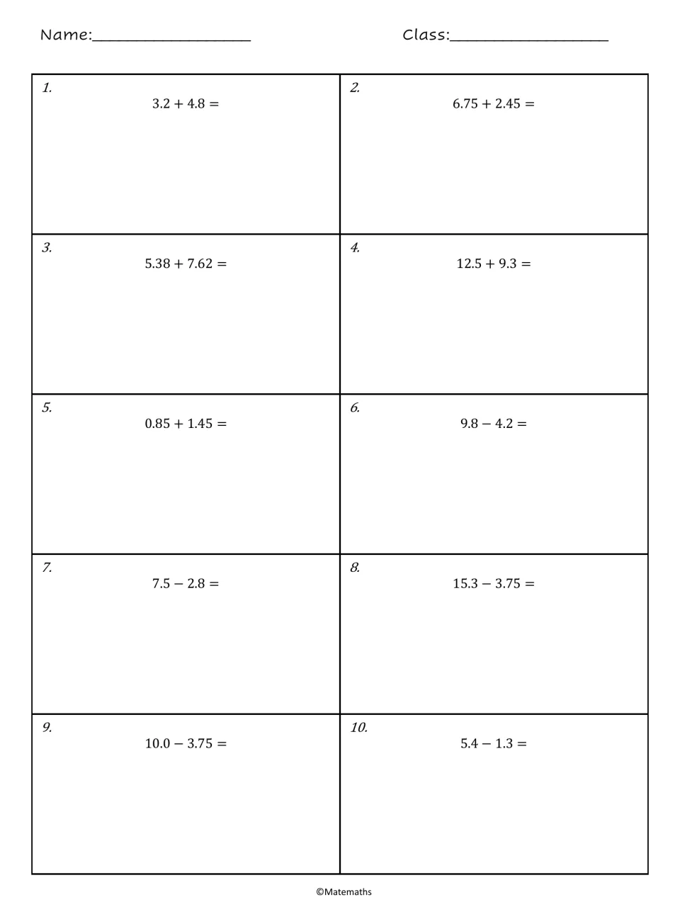 Adding and subtracting decimals: students solve problems 1 to 10, such as 3.2 + 4.8 and 15.3 − 3.75, with room to work