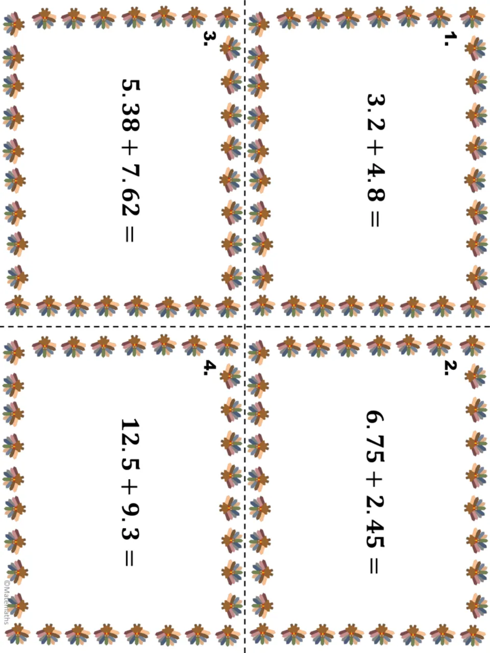 Decimal addition task cards 1 to 4: students find 3.2 + 4.8, 6.75 + 2.45, 5.38 + 7.62 and 12.5 + 9.3