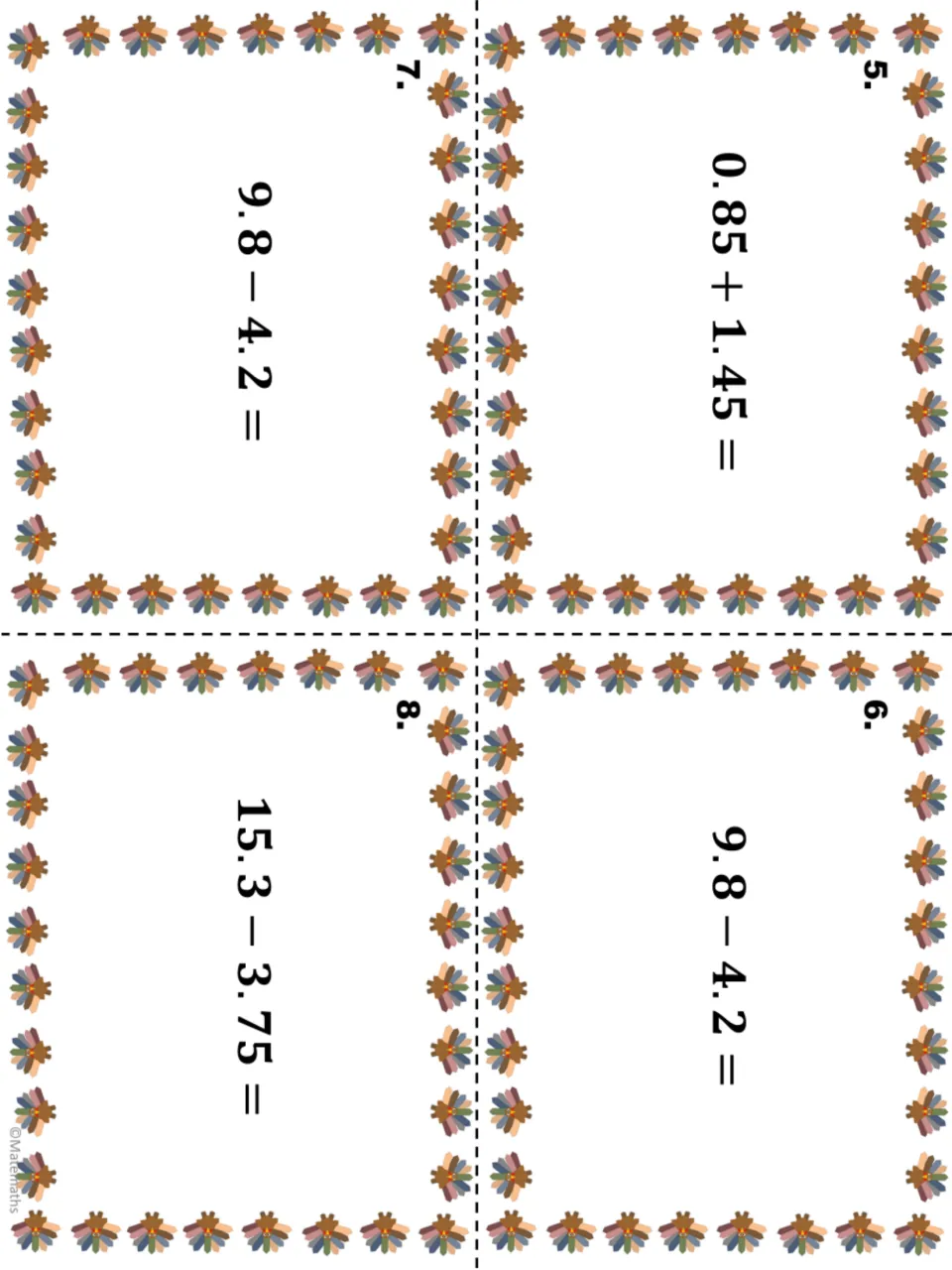Task cards 5 to 8 on adding and subtracting decimals: 0.85 + 1.45, 9.8 − 4.2 on cards 6 and 7, and 15.3 − 3.75