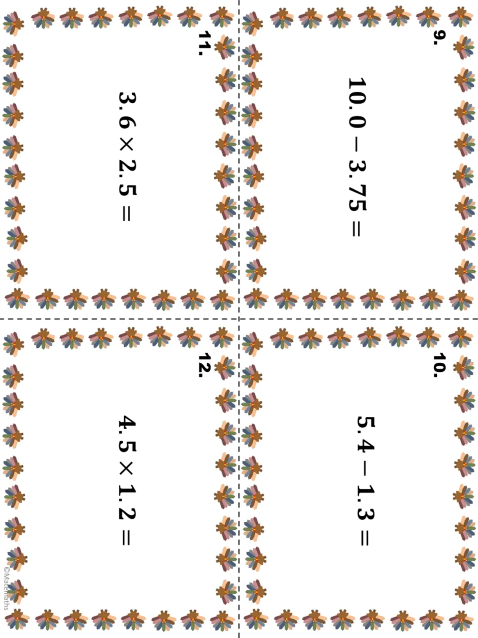 Task cards 9 to 12 mixing decimal subtraction and multiplication: 10.0 − 3.75, 5.4 − 1.3, 3.6 × 2.5 and 4.5 × 1.2
