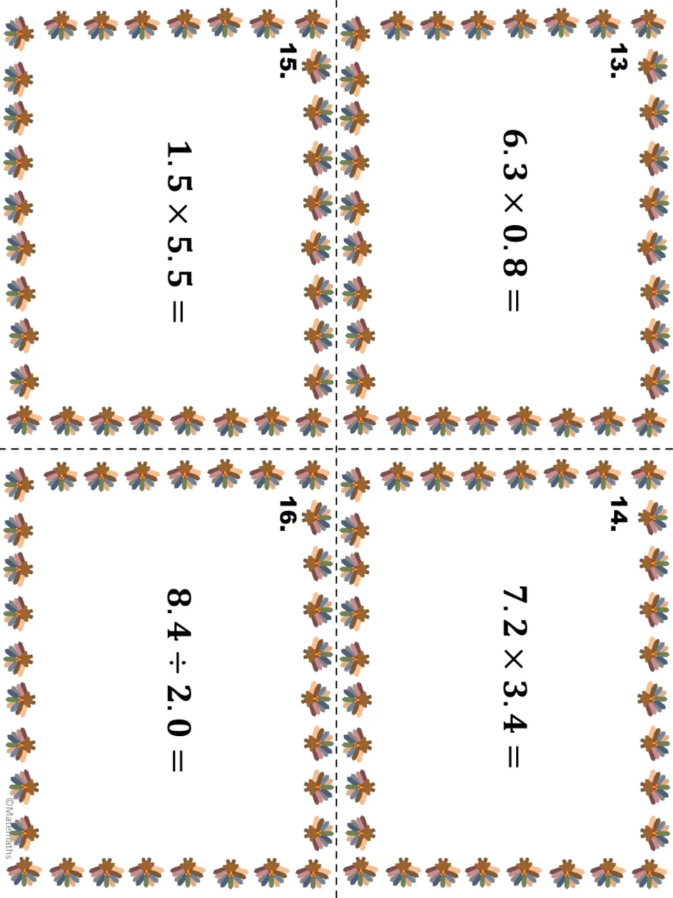 Task cards 13 to 16 on multiplying and dividing decimals: 6.3 × 0.8, 7.2 × 3.4, 1.5 × 5.5 and 8.4 ÷ 2.0