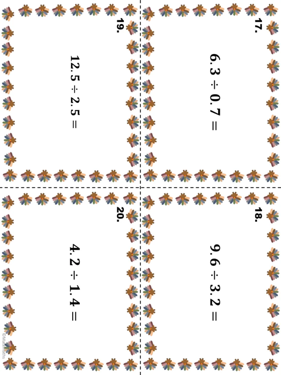 Decimal division task cards 17 to 20: students solve 6.3 ÷ 0.7, 9.6 ÷ 3.2, 12.5 ÷ 2.5 and 4.2 ÷ 1.4