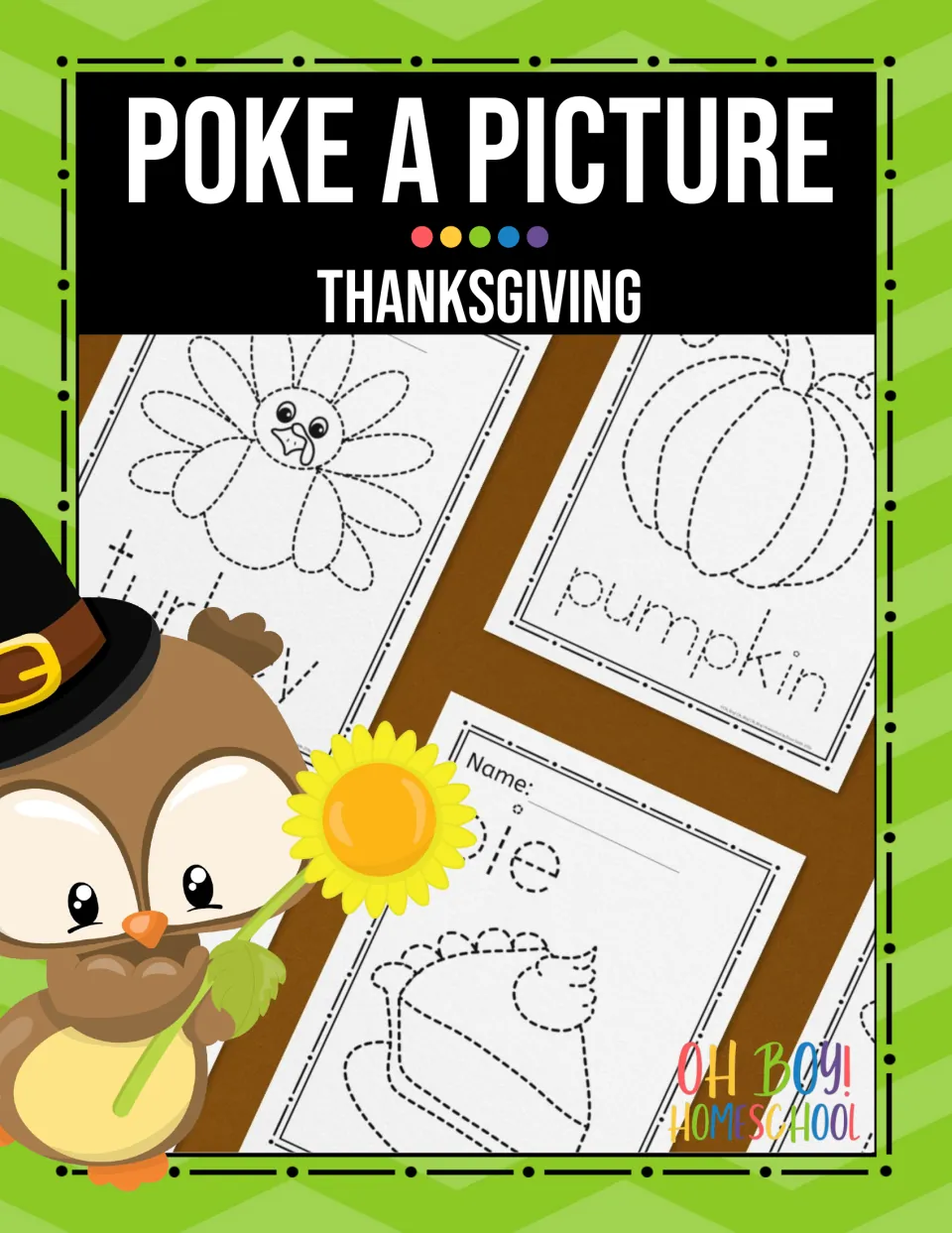 Cover of Thanksgiving Poke a Picture, showing sample turkey, pumpkin, and pie picture-poking activities