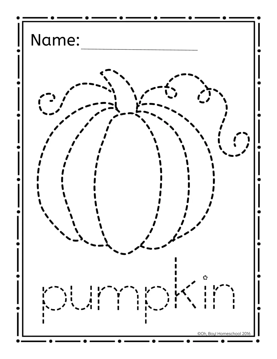 Pumpkin picture-poking activity pairs a pumpkin and curling vines with the word “pumpkin” to poke through