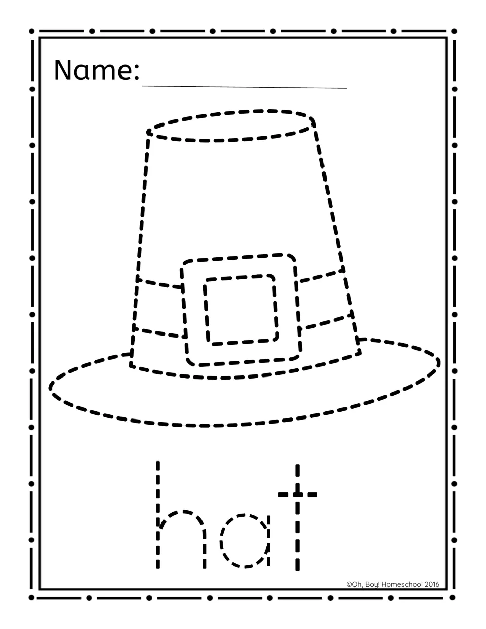 Hat picture-poking activity pairs a tall buckled hat with the word “hat” for students to poke through