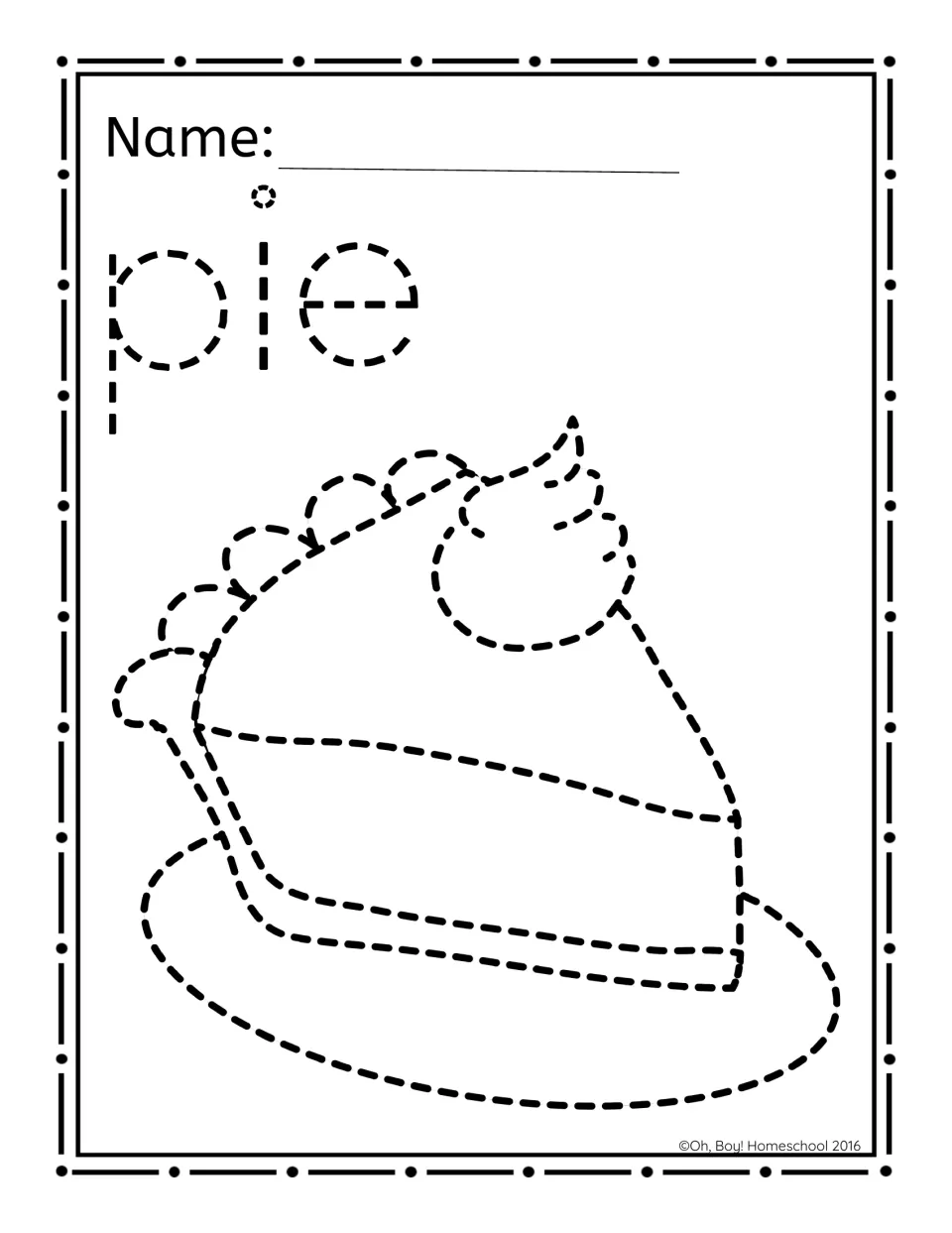 Pie picture-poking activity pairs a topped slice of pie on a plate with the word “pie” to poke through