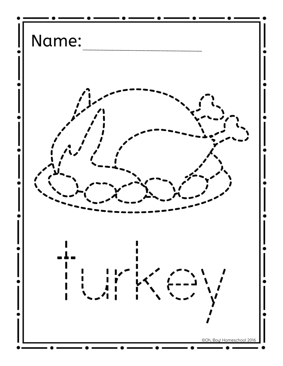 Roast turkey picture-poking activity pairs a cooked bird on a platter with the word “turkey” to poke